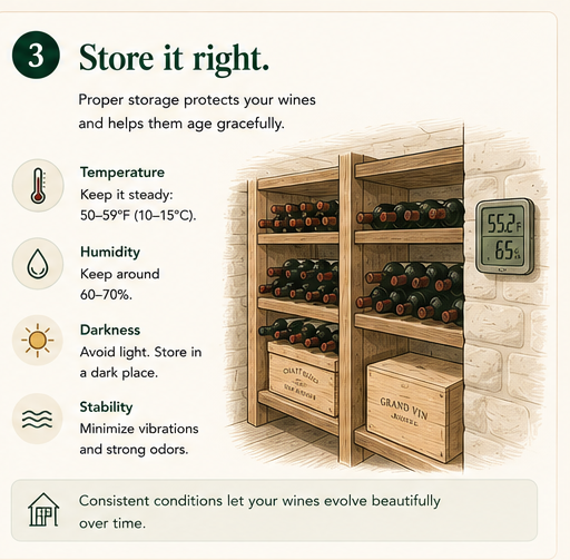 A small home cellar with a 55F/65% gauge keeping a young collection stable