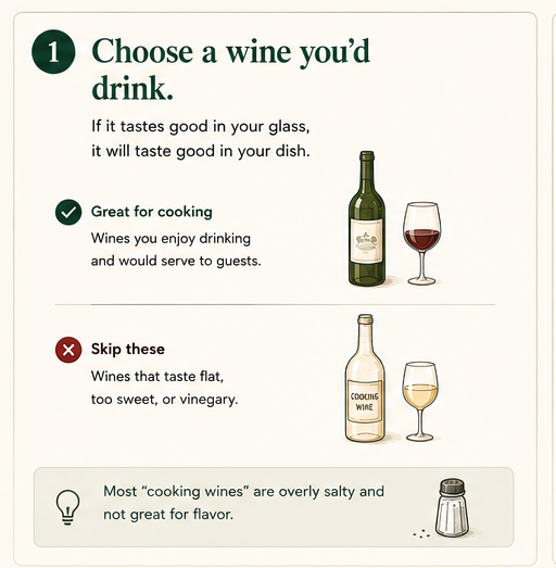 A bottle and glass of wine you'd happily drink, beside a 'cooking wine' bottle marked to skip
