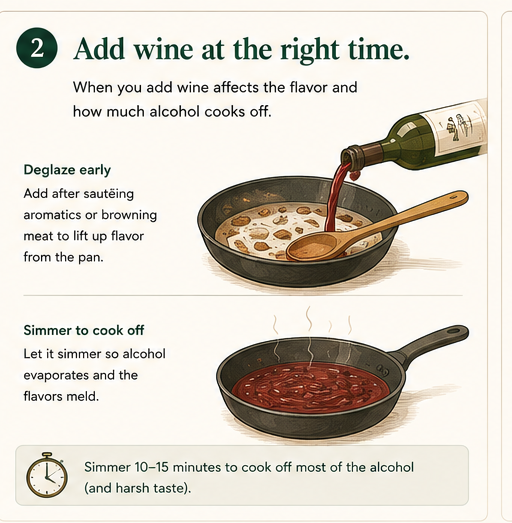 Deglazing a hot pan with wine after sautéing, with a wooden spoon lifting fond from the surface