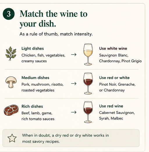 Pairing chart matching light, medium, and rich dishes to white, lighter red, and bold red wines