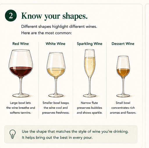 Four wine glass shapes side by side: red bowl, white bowl, sparkling flute, dessert glass