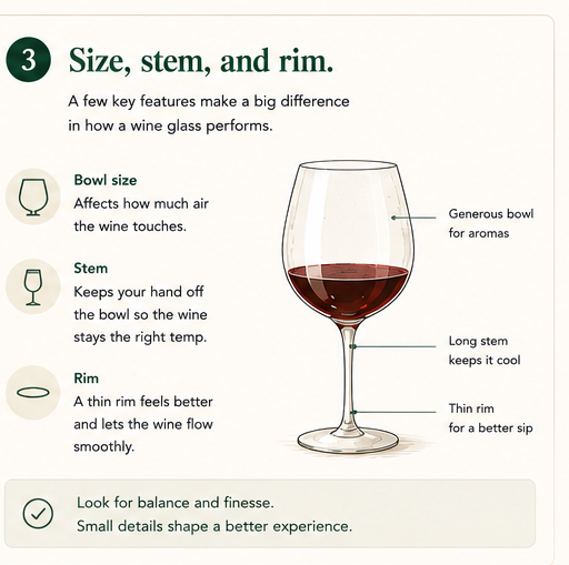 Anatomy of a wine glass with bowl, stem, and rim labeled with their purpose