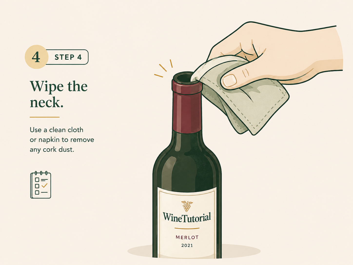 Wiping the inside lip of the bottle neck with a cloth