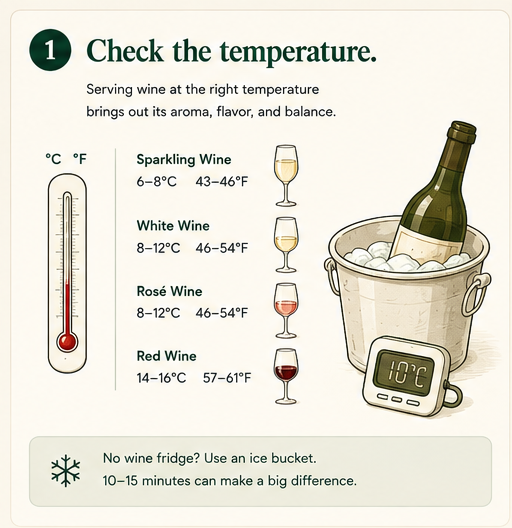 Wine-temperature chart by varietal next to a bottle chilling in an ice bucket