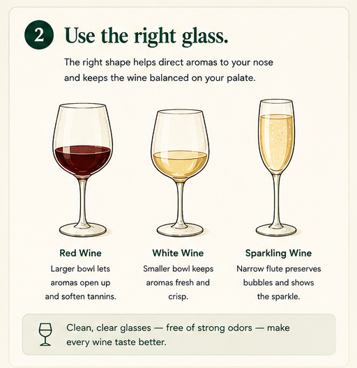 Three glass shapes — red bowl, white bowl, and sparkling flute — compared side by side