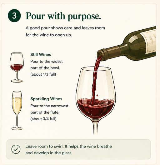 Pouring red wine into a glass to the widest part of the bowl, leaving room to swirl