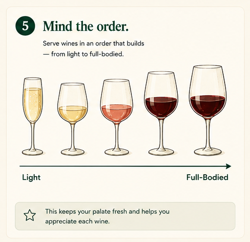 Five glasses arranged from sparkling and white through rosé to medium and full-bodied red