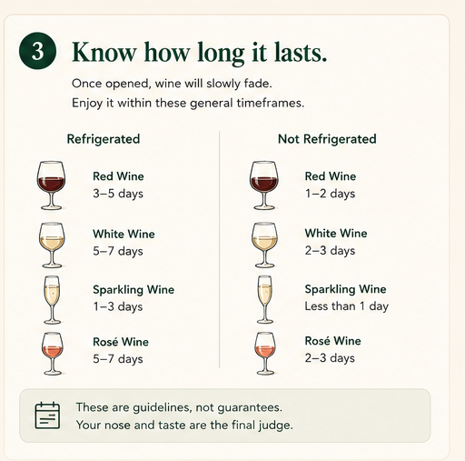 Guideline table comparing how long red, white, sparkling, and rosé last refrigerated vs. not