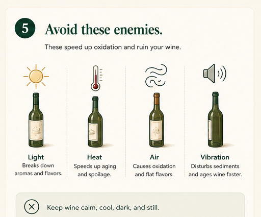 Four enemies of stored wine: direct light, heat, oxygen, and vibration