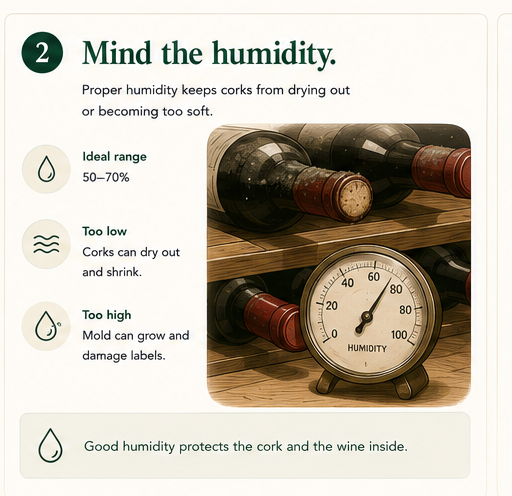 Bottles resting on a wood rack next to a humidity gauge reading the safe range