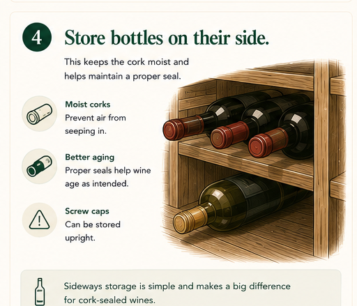 Bottles lying horizontally on a wood rack so the wine stays against the cork