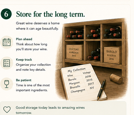 Labeled cellar slots holding library wines next to a handwritten collection log