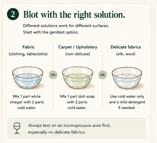 Three small bowls of cleaning solutions matched to fabric, carpet, and delicate fibres