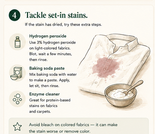 A dried wine stain on a white shirt next to a small bowl of baking-soda paste