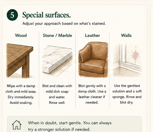 Four spot-treatment vignettes: wood, stone, leather, and a painted wall
